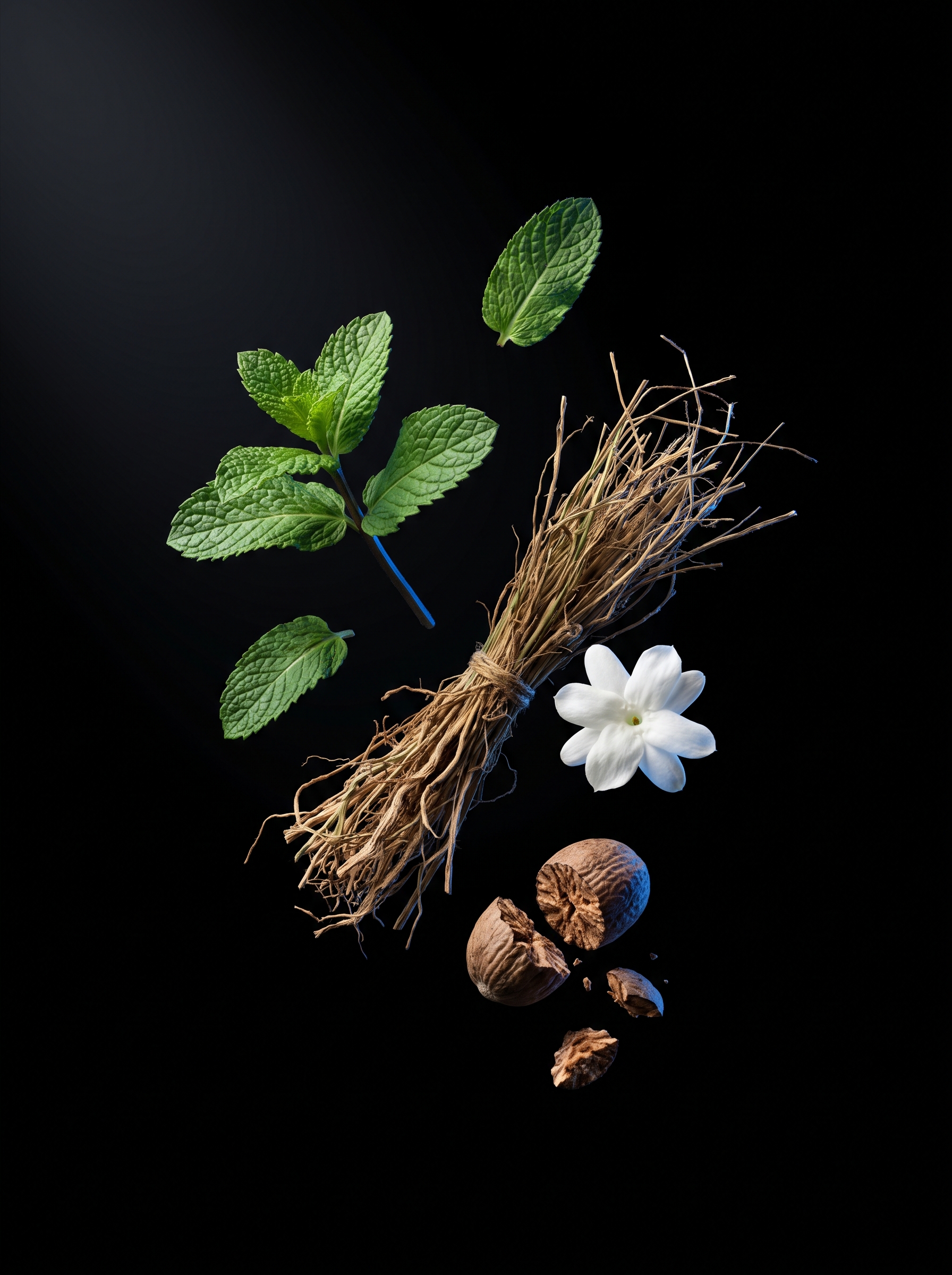 Menta, vetiver, jasmim e noz-moscada